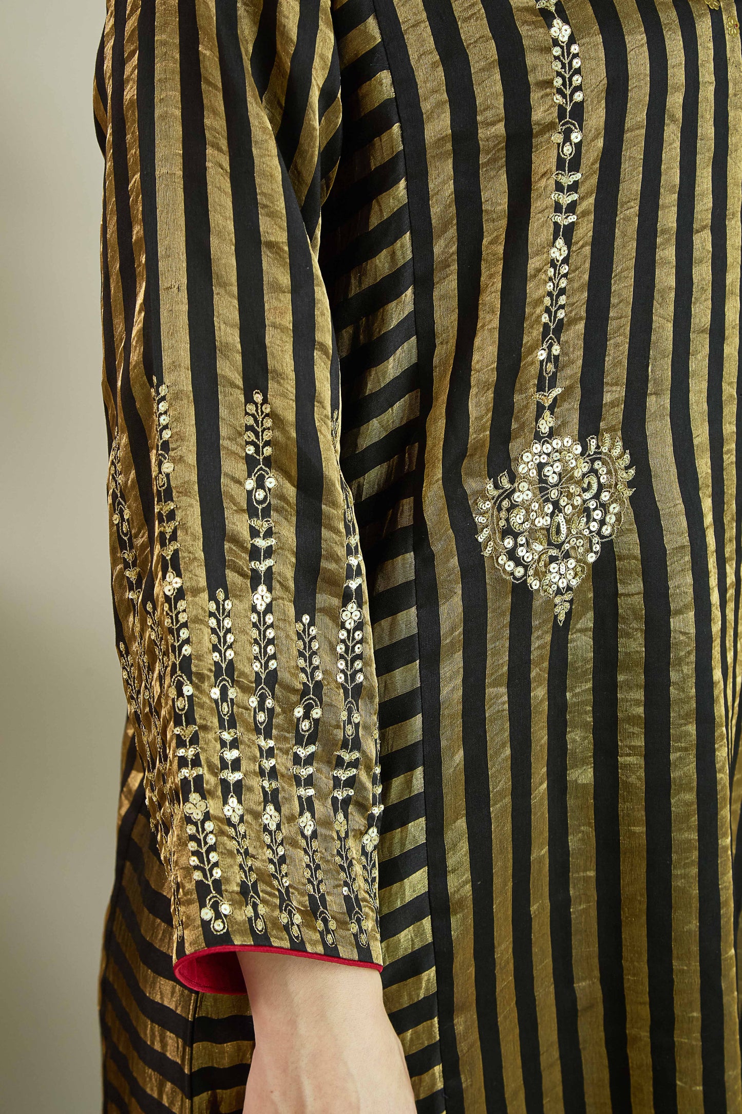 Raaz-e-Falak Black - Stripe Pure Silk Tissue Chanderi Kurta Set