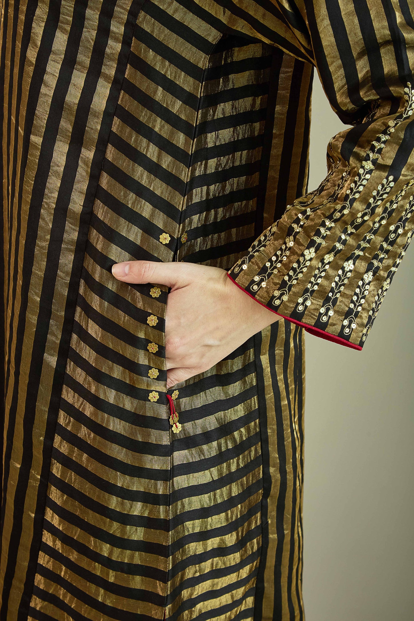 Raaz-e-Falak Black - Stripe Pure Silk Tissue Chanderi Kurta Set