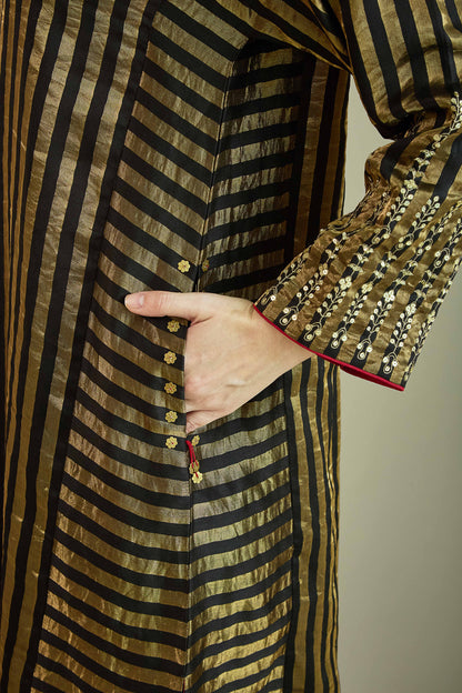 Raaz-e-Falak Black - Stripe Pure Silk Tissue Chanderi Kurta Set