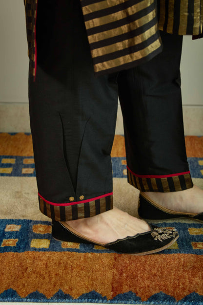 Raaz-e-Falak Black - Stripe Pure Silk Tissue Chanderi Kurta Set