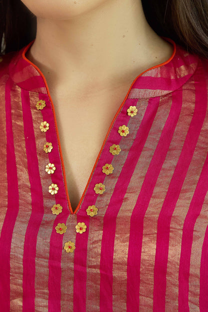Raaz-e-Falak Fuschia - Stripe Pure Silk Tissue Chanderi Kurta Set