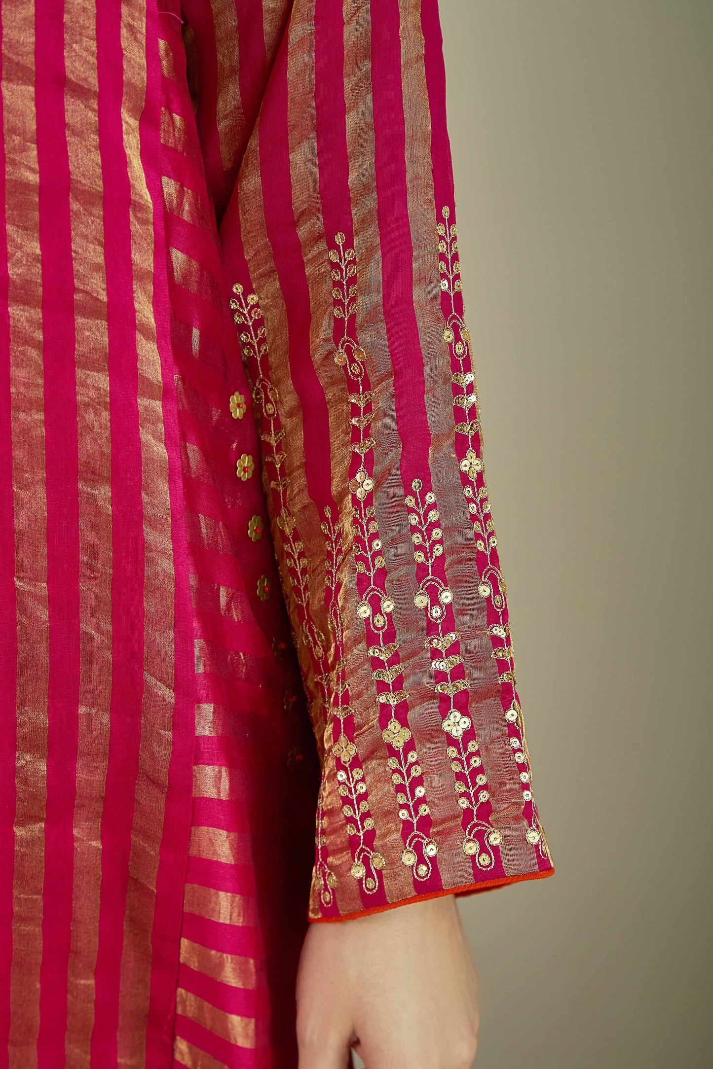 Raaz-e-Falak Fuschia - Stripe Pure Silk Tissue Chanderi Kurta Set