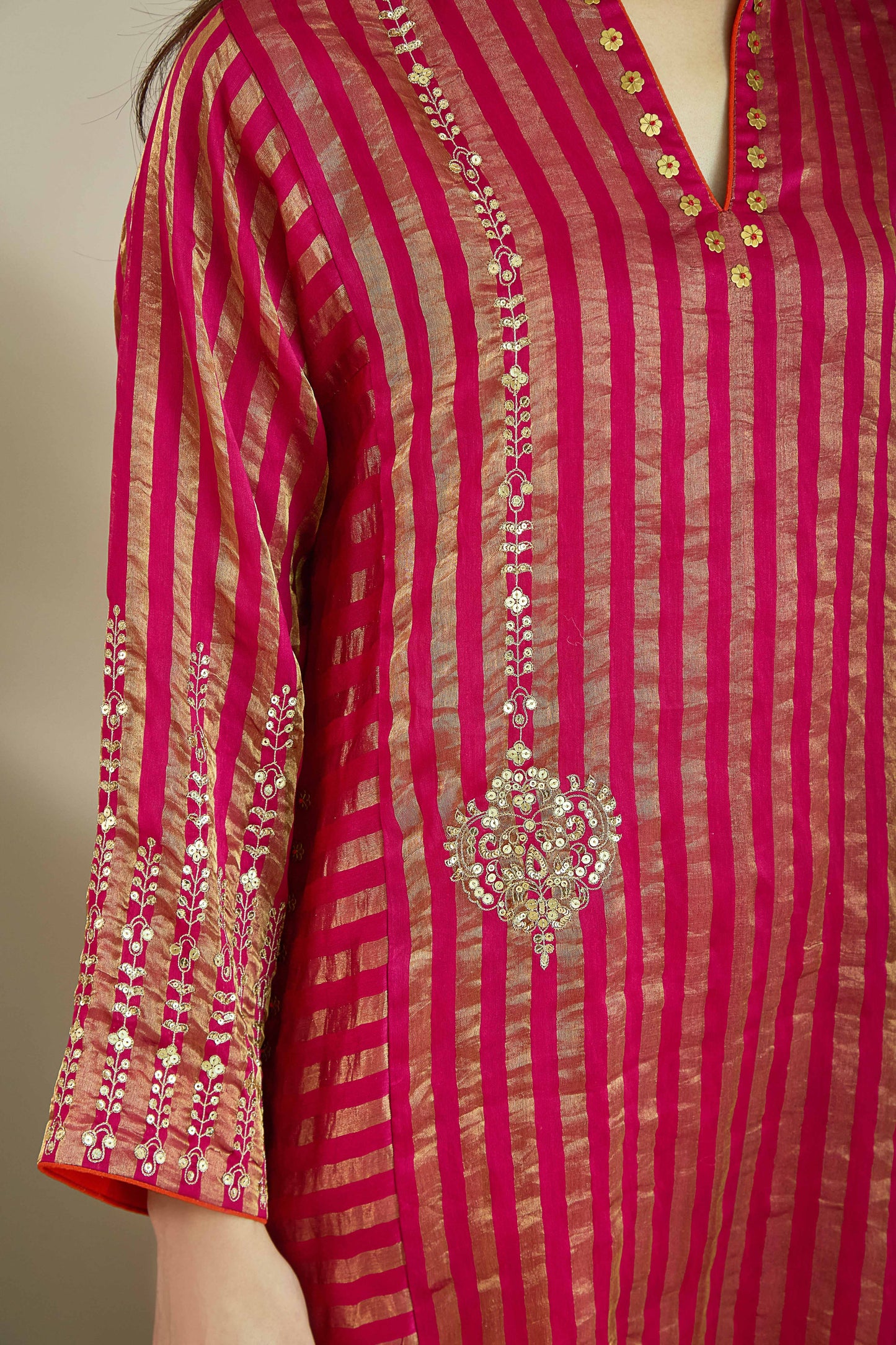 Raaz-e-Falak Fuschia - Stripe Pure Silk Tissue Chanderi Kurta Set