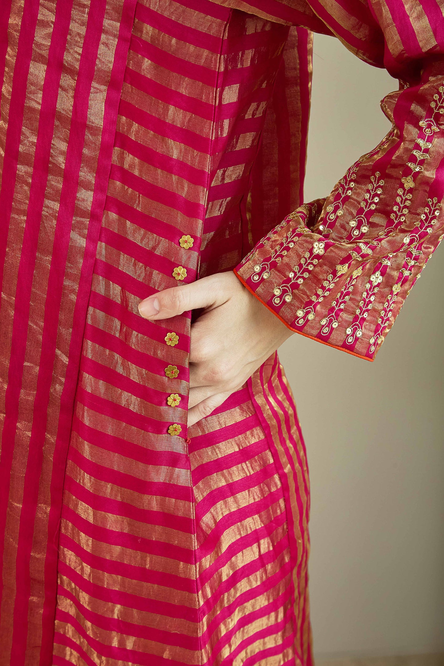 Raaz-e-Falak Fuschia - Stripe Pure Silk Tissue Chanderi Kurta Set
