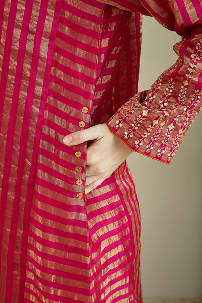 Raaz-e-Falak Fuschia - Stripe Pure Silk Tissue Chanderi Kurta Set