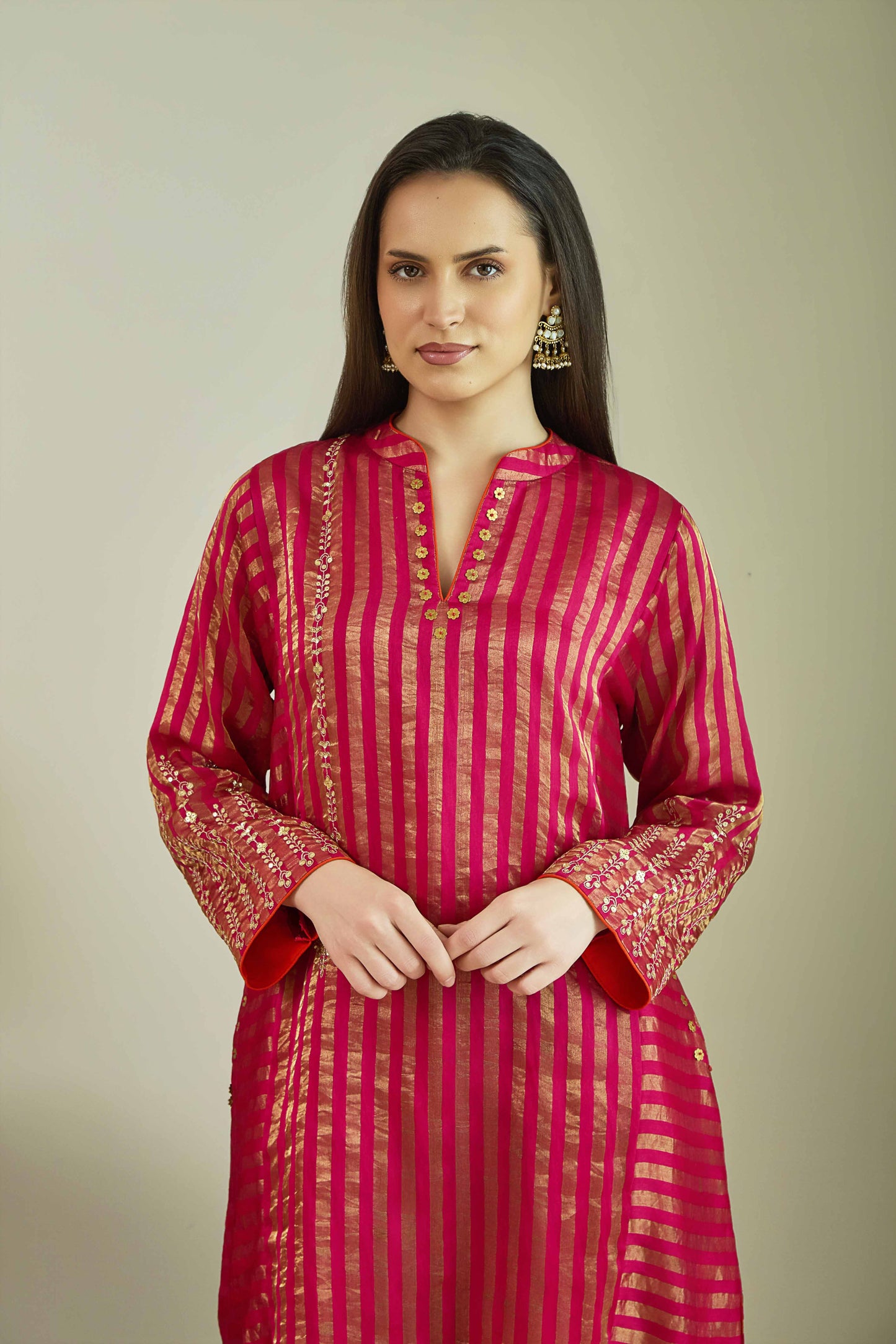 Raaz-e-Falak Fuschia - Stripe Pure Silk Tissue Chanderi Kurta Set
