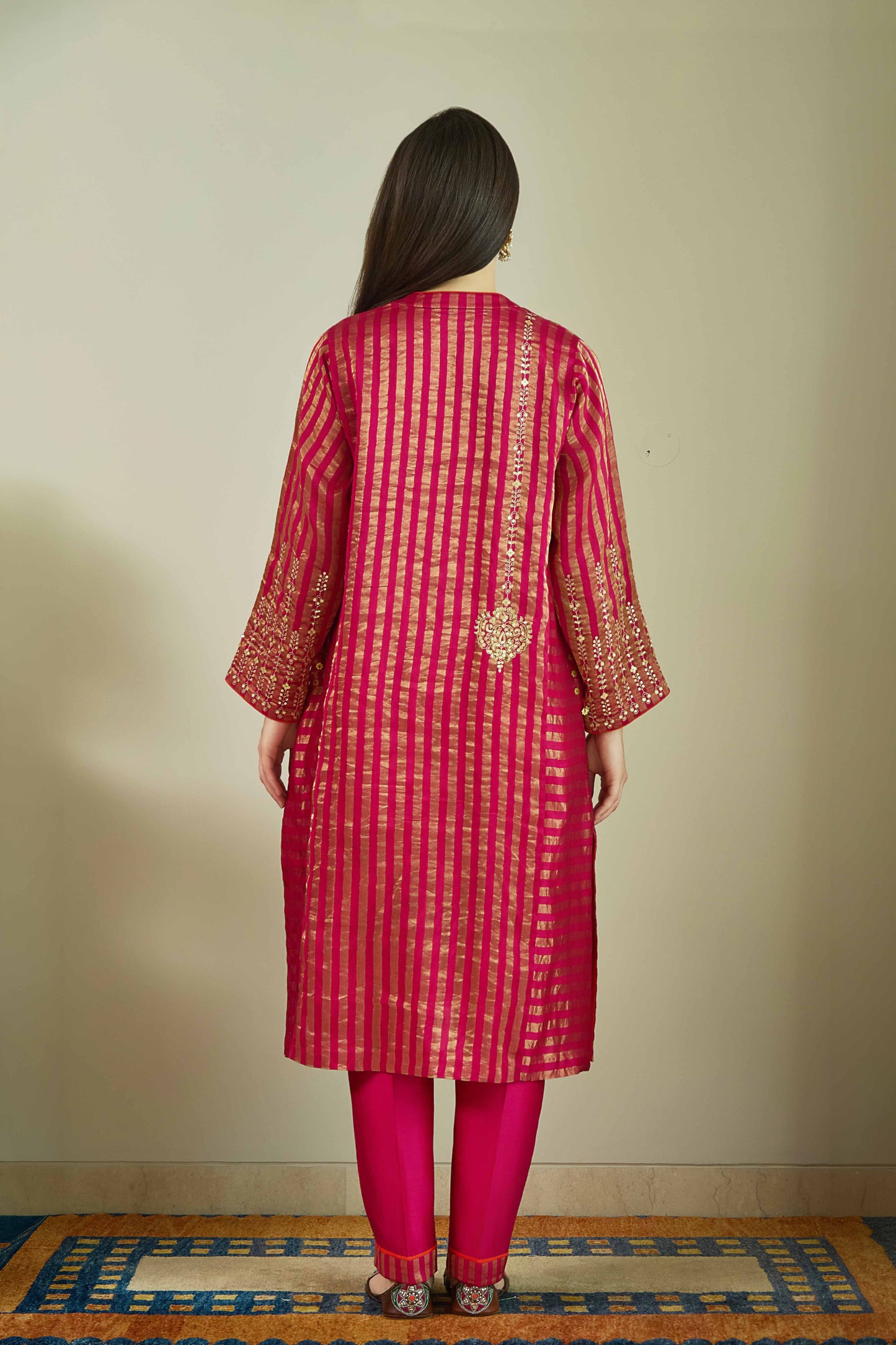 Raaz-e-Falak Fuschia - Stripe Pure Silk Tissue Chanderi Kurta Set