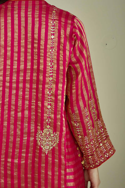 Raaz-e-Falak Fuschia - Stripe Pure Silk Tissue Chanderi Kurta Set
