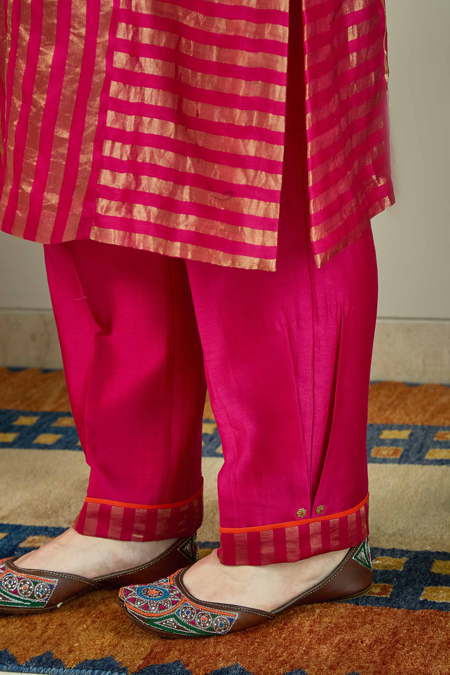 Raaz-e-Falak Fuschia - Stripe Pure Silk Tissue Chanderi Kurta Set