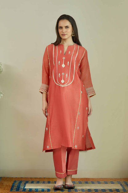 Bikhare Sitare  Rust - Pure Silk Chanderi Kurta Set