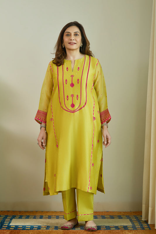 Bikhare Sitare Lime Yellow - Pure Silk Chanderi Kurta Set