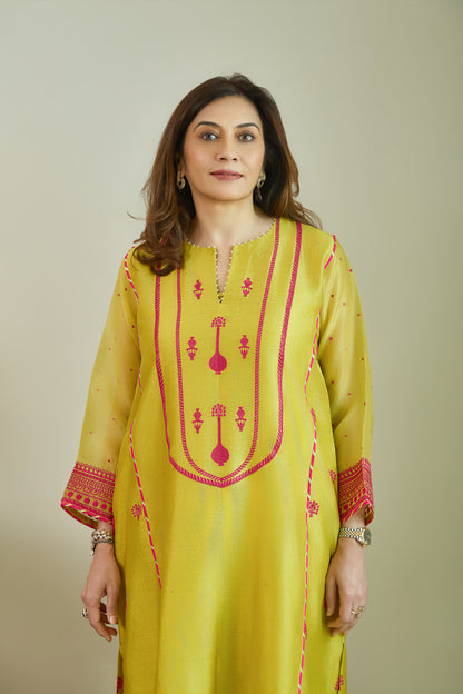 Bikhare Sitare Lime Yellow - Pure Silk Chanderi Kurta Set