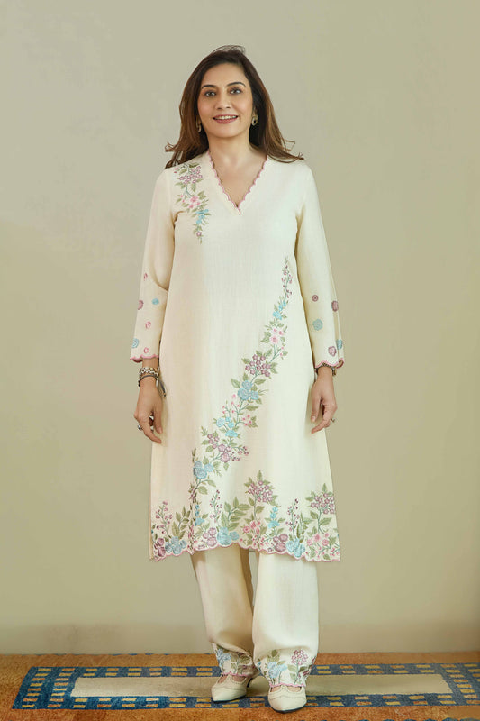 SAANJH BLOOM Ivory Linen Kurta and Salwar suit with embroidered Vine and scallops