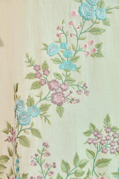 SAANJH BLOOM Ivory Linen Kurta and Salwar suit with embroidered Vine and scallops