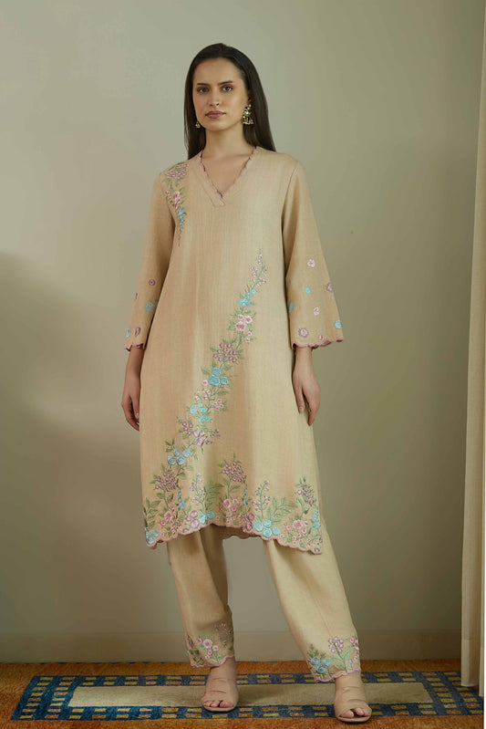 SAANJH BLOOM Nude  Linen Kurta and Salwar suit with embroidered Vine and scallops