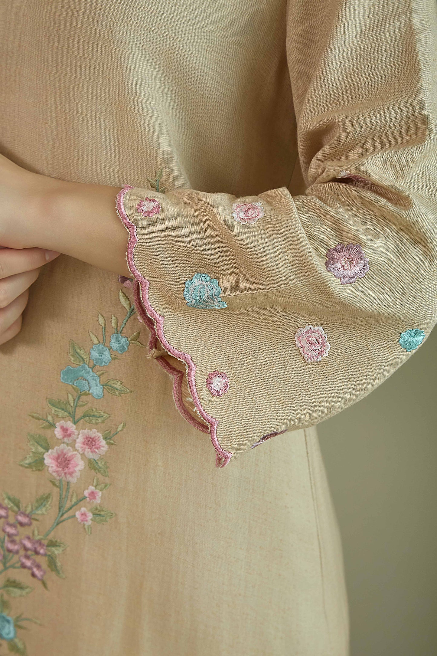SAANJH BLOOM Nude  Linen Kurta and Salwar suit with embroidered Vine and scallops