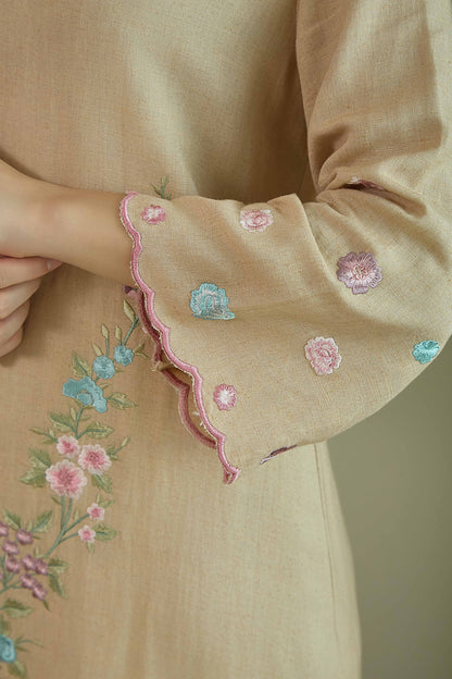 SAANJH BLOOM Nude  Linen Kurta and Salwar suit with embroidered Vine and scallops