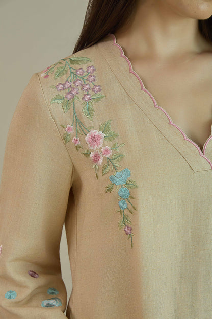 SAANJH BLOOM Nude  Linen Kurta and Salwar suit with embroidered Vine and scallops