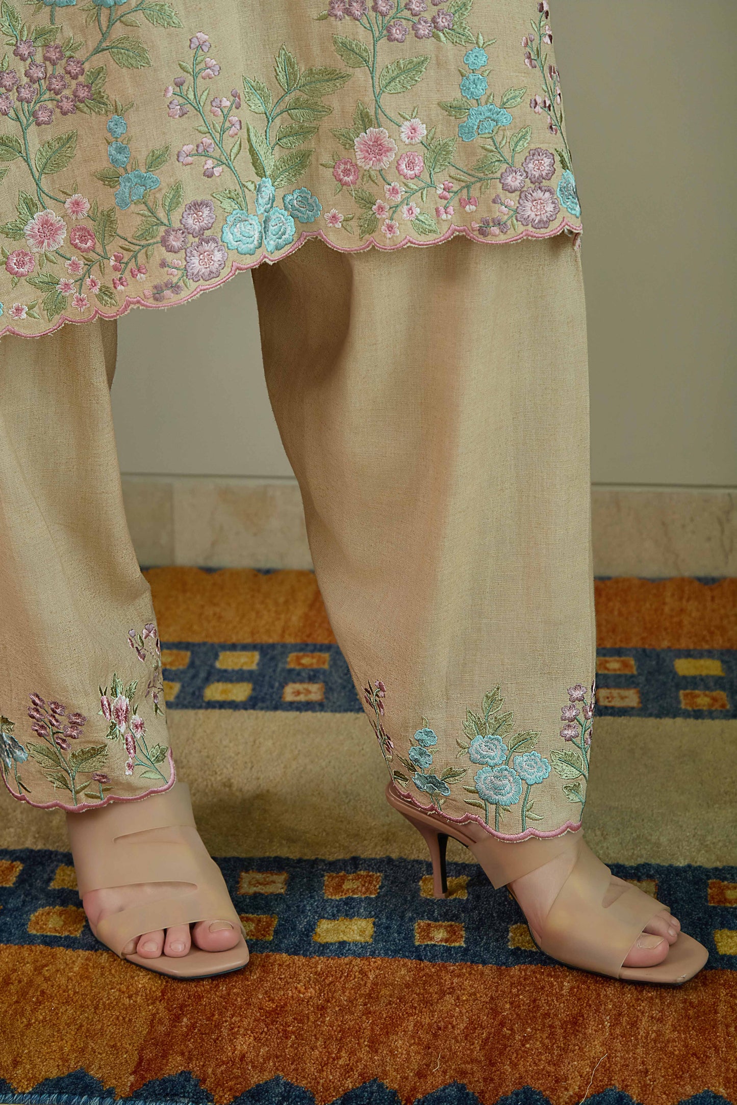 SAANJH BLOOM Nude  Linen Kurta and Salwar suit with embroidered Vine and scallops