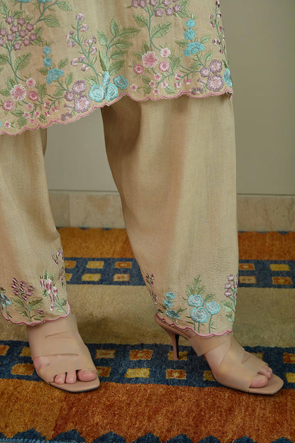 SAANJH BLOOM Nude  Linen Kurta and Salwar suit with embroidered Vine and scallops