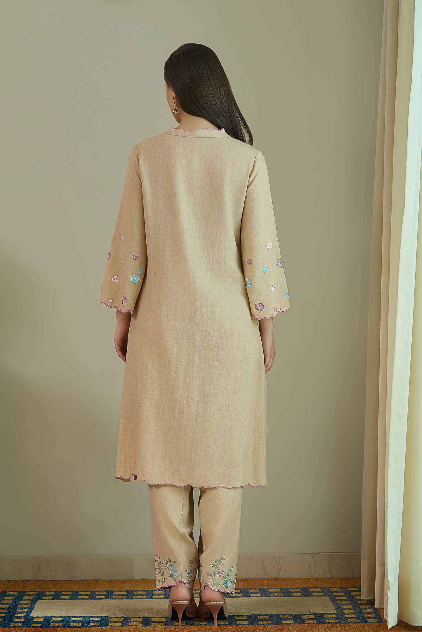 SAANJH BLOOM Nude  Linen Kurta and Salwar suit with embroidered Vine and scallops