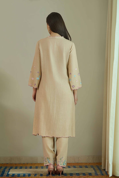 SAANJH BLOOM Nude  Linen Kurta and Salwar suit with embroidered Vine and scallops