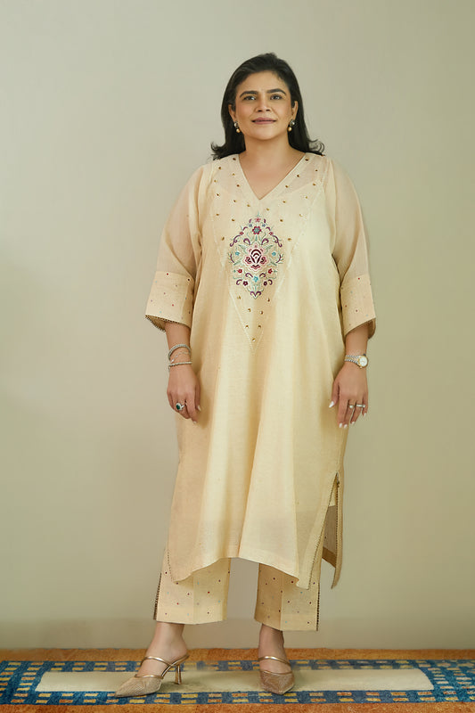 Noor-e-Gulab Natural Beige - Pure Silk Chanderi Tissue Kaftan Set