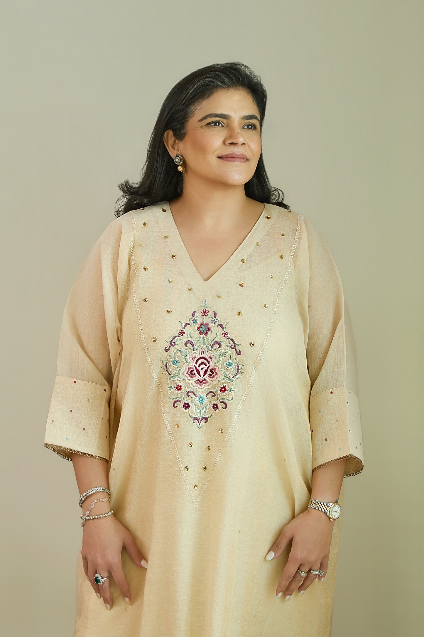 Noor-e-Gulab Natural Beige - Pure Silk Chanderi Tissue Kaftan Set