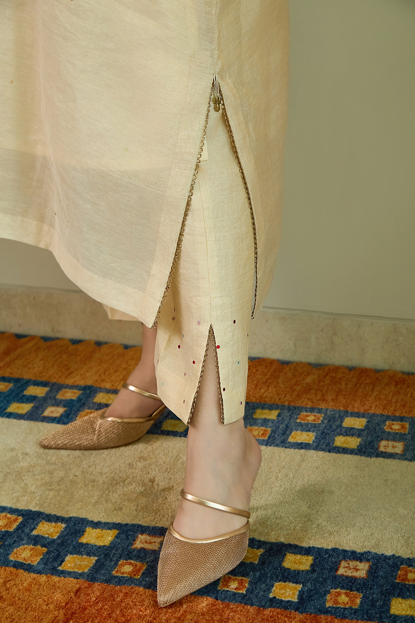 Noor-e-Gulab Natural Beige - Pure Silk Chanderi Tissue Kaftan Set
