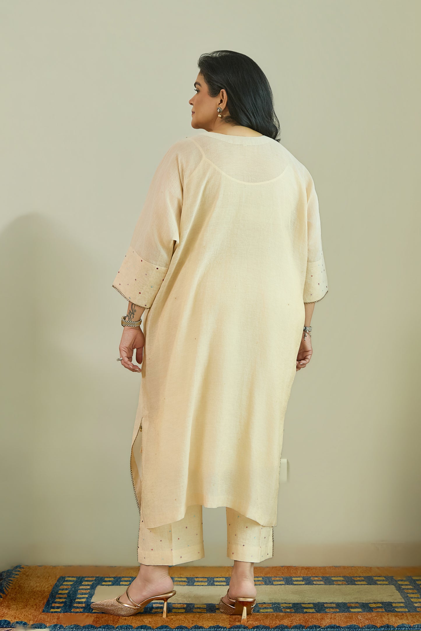 Noor-e-Gulab Natural Beige - Pure Silk Chanderi Tissue Kaftan Set