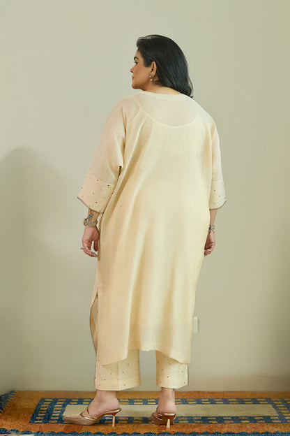Noor-e-Gulab Natural Beige - Pure Silk Chanderi Tissue Kaftan Set