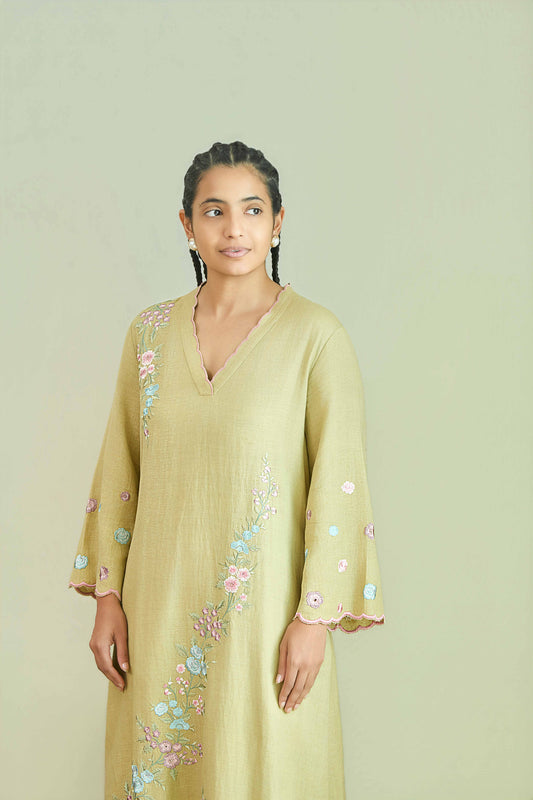 SAANJH BLOOM Sage Green Linen Kurta and Salwar suit with embroidered Vine and scallops