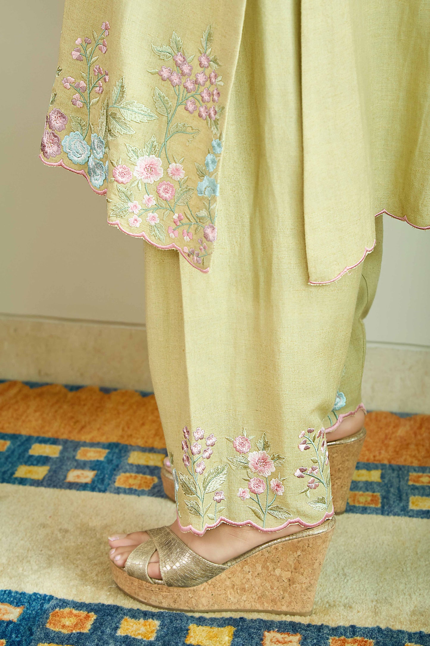 SAANJH BLOOM Sage Green Linen Kurta and Salwar suit with embroidered Vine and scallops