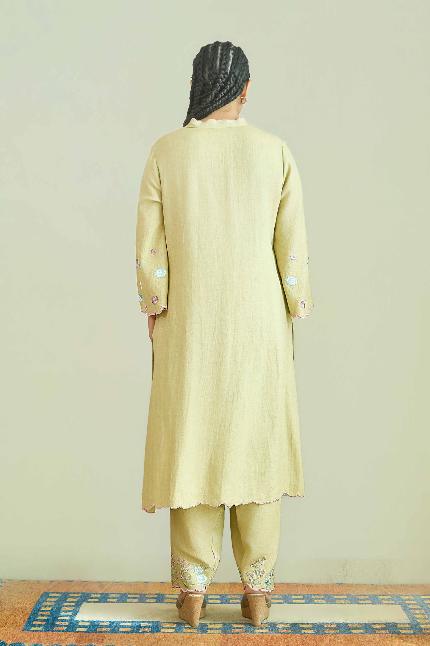 SAANJH BLOOM Sage Green Linen Kurta and Salwar suit with embroidered Vine and scallops