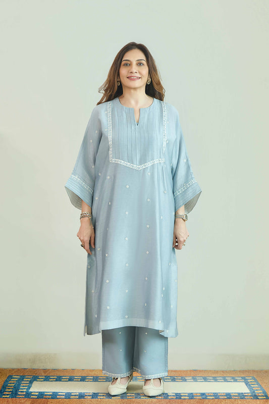 Sitara-Gul Aqua Blue - Pure Silk Chanderi Kurta Set