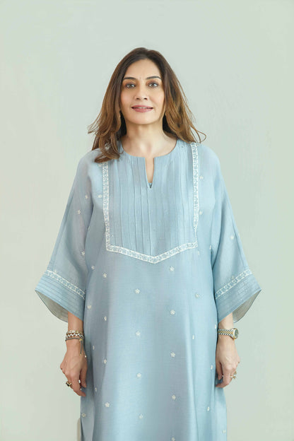 Sitara-Gul Aqua Blue - Pure Silk Chanderi Kurta Set