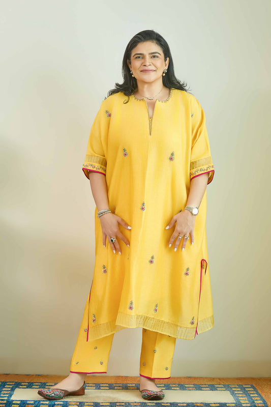 Neel-Sitara Sunlit Yellow - Pure silk Chanderi Kaftan Kurta Set