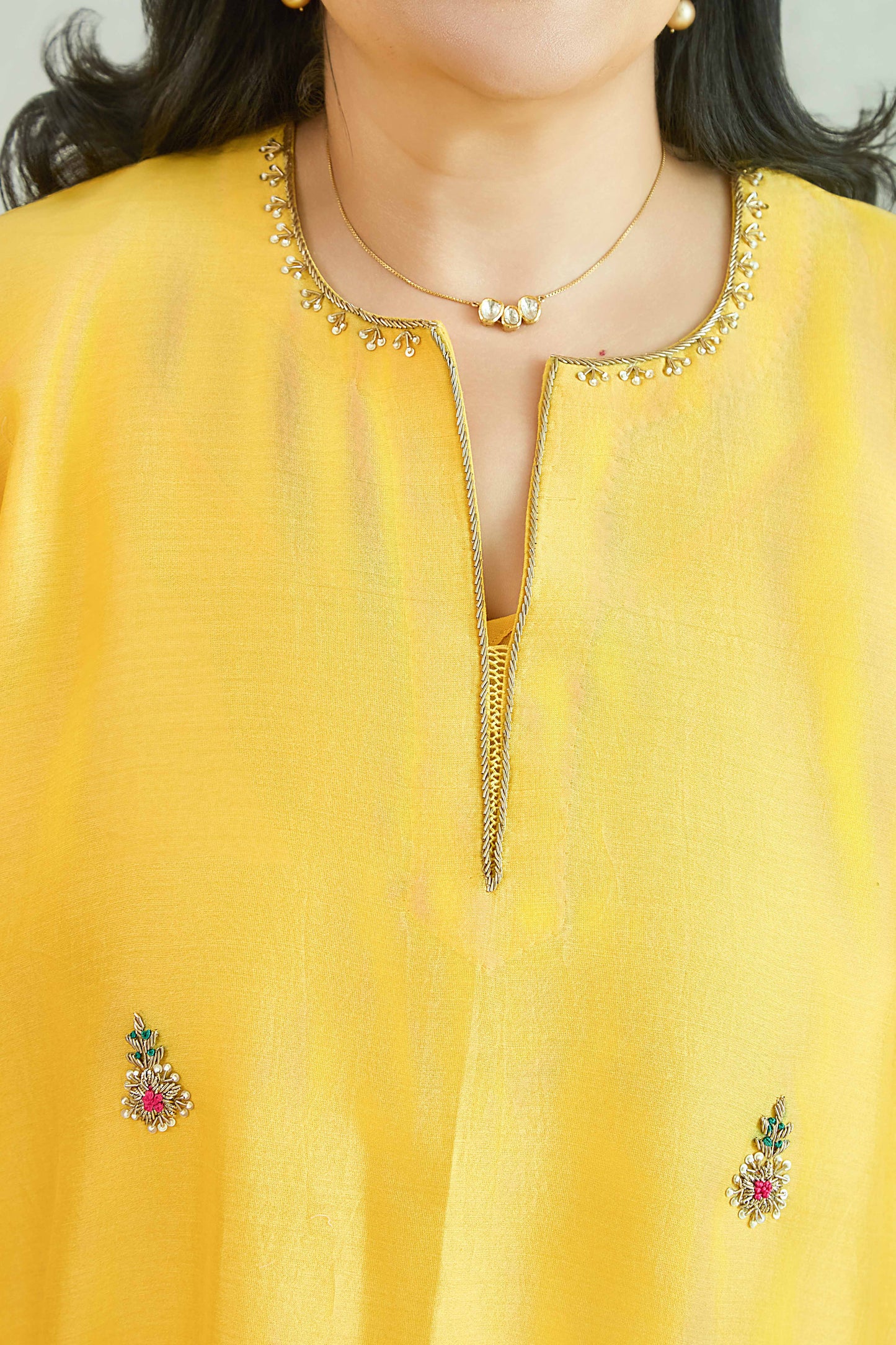 Neel-Sitara Sunlit Yellow - Pure silk Chanderi Kaftan Kurta Set