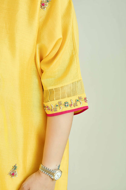 Neel-Sitara Sunlit Yellow - Pure silk Chanderi Kaftan Kurta Set