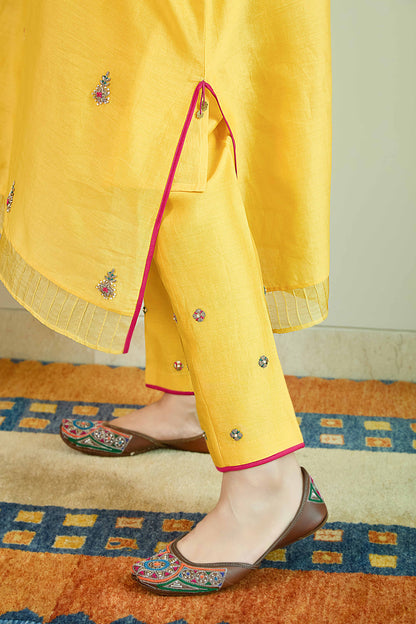 Neel-Sitara Sunlit Yellow - Pure silk Chanderi Kaftan Kurta Set