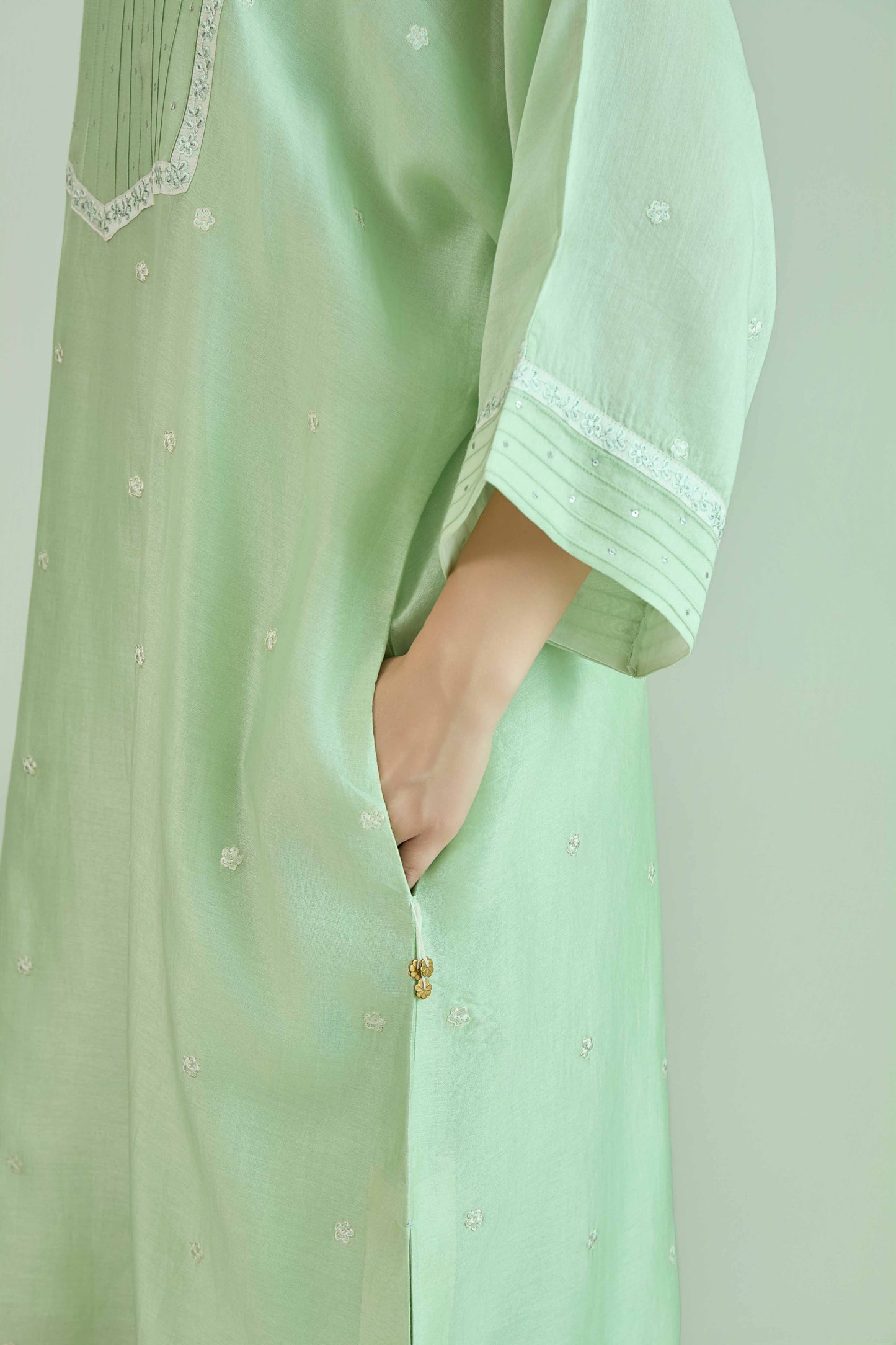 Sitara-Gul Sea Green - Pure silk Chanderi Kurta Set