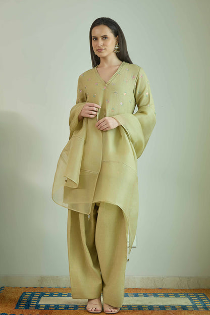 Chand Gulzar Sage Green - Linen Farshi Salwar Set
