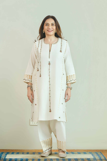 Raaz-e-Bahar Ecru - Pure Silk Chanderi Set