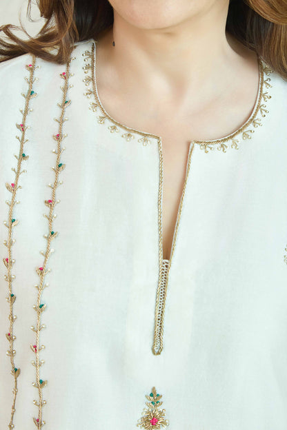 Raaz-e-Bahar Ecru - Pure Silk Chanderi Set