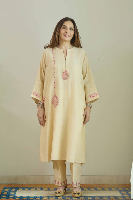 Falak-Noor Natural Beige - Pure Silk Chanderi Tissue Kurta Set