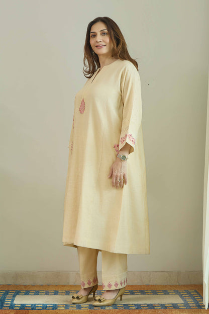 Falak-Noor Natural Beige - Pure Silk Chanderi Tissue Kurta Set