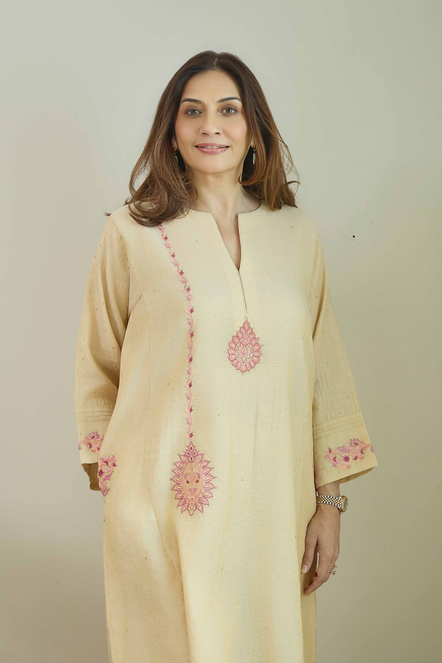 Falak-Noor Natural Beige - Pure Silk Chanderi Tissue Kurta Set