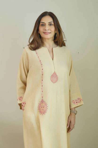 Falak-Noor Natural Beige - Pure Silk Chanderi Tissue Kurta Set
