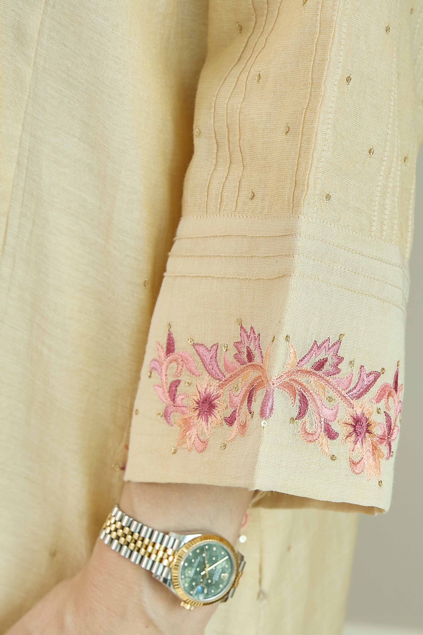 Falak-Noor Natural Beige - Pure Silk Chanderi Tissue Kurta Set