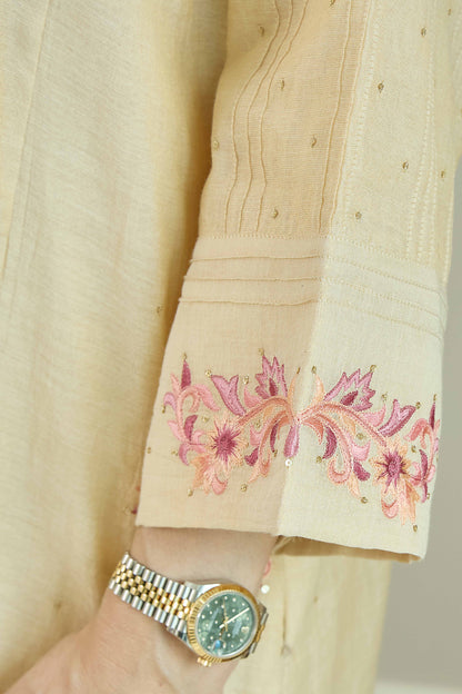 Falak-Noor Natural Beige - Pure Silk Chanderi Tissue Kurta Set